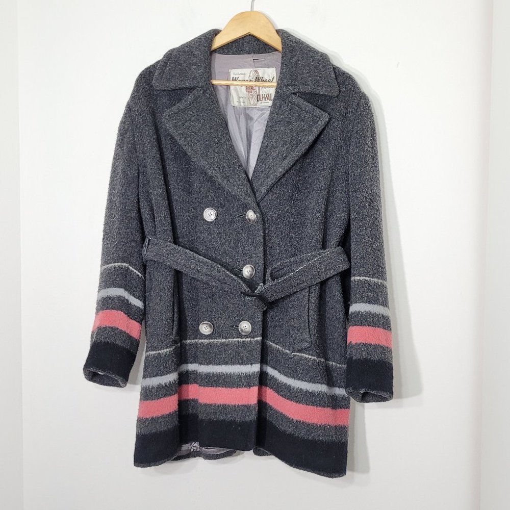 Wagon Wheel Virgin Wool Insulated Lined Belted Gray Pink Stripe Vintage Canadian